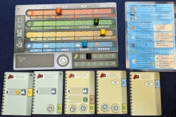 Endeavor: Die Tiefsee – Spielertableau mit den fünf Leisten und Forschungsberichte darunter