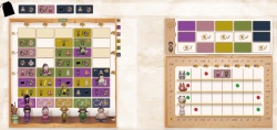 Kokeshi – Links mein Spielertableau, rechts das Happiness-Board (BGA)