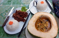 Leckeres Essen aus einer Kokosnuss.